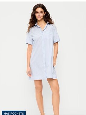 Tan and white Pinstripe Shirt Dress